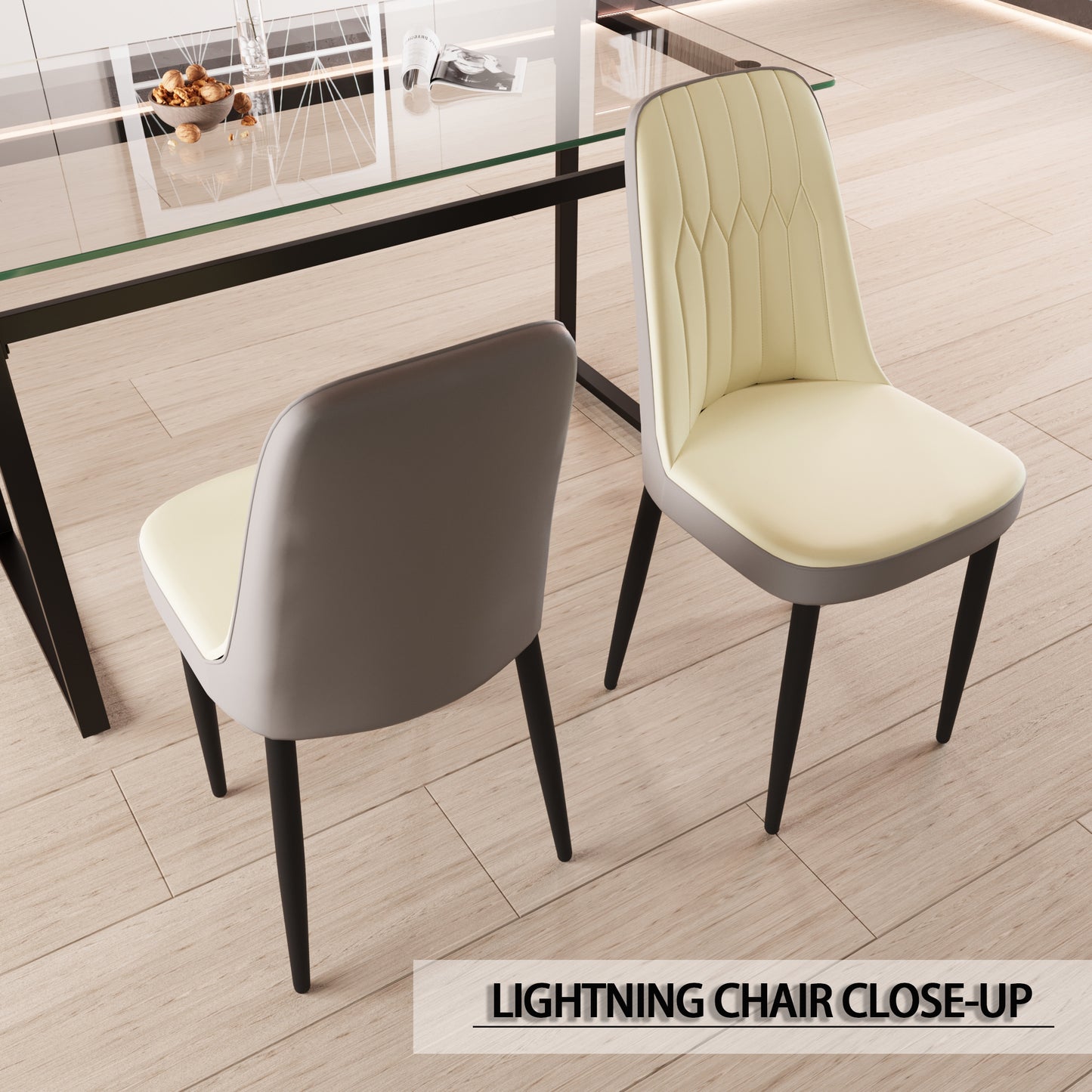 Cream upholstered dining chair with tufted back and gray border