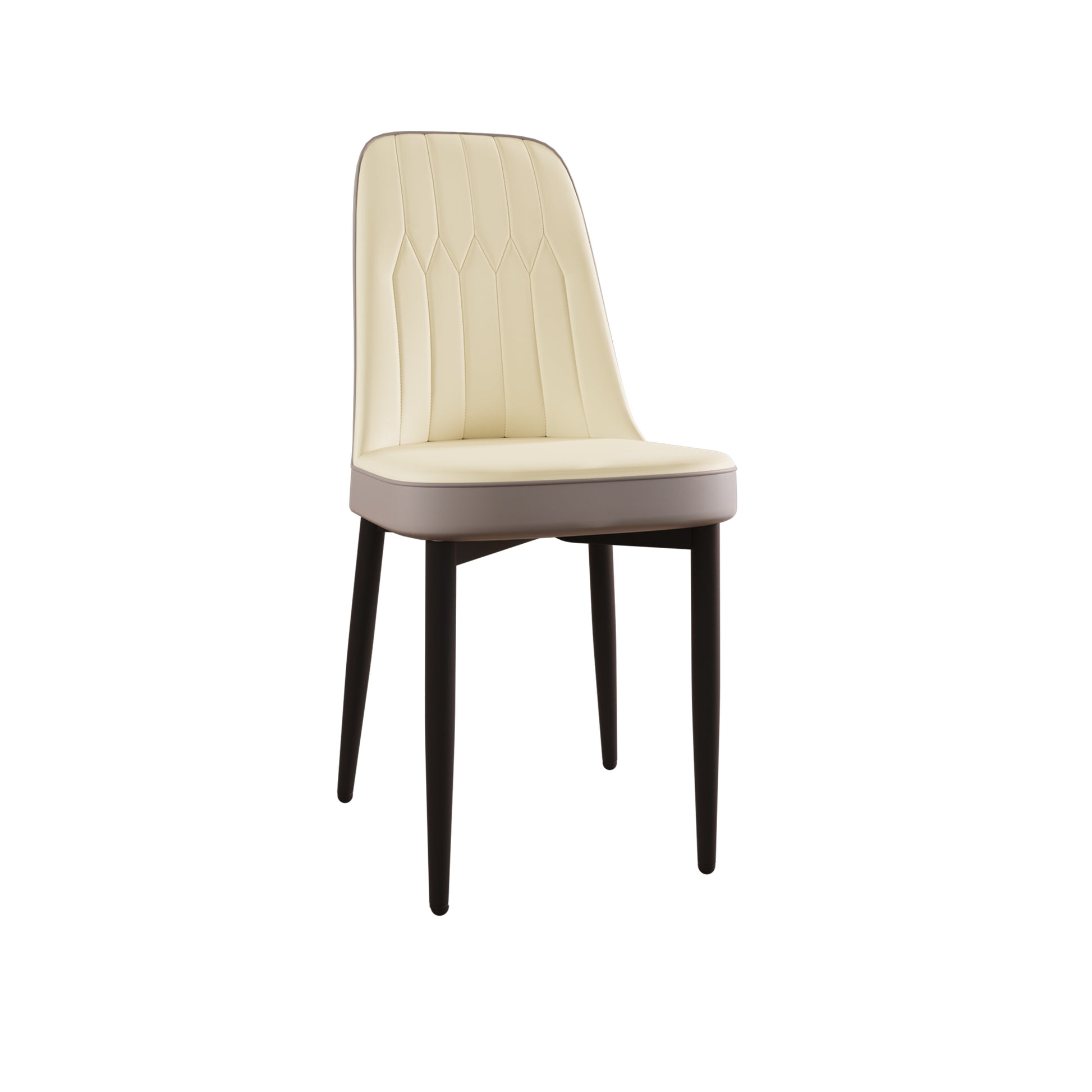 Modern beige upholstered dining chair with quilted back and dark legs