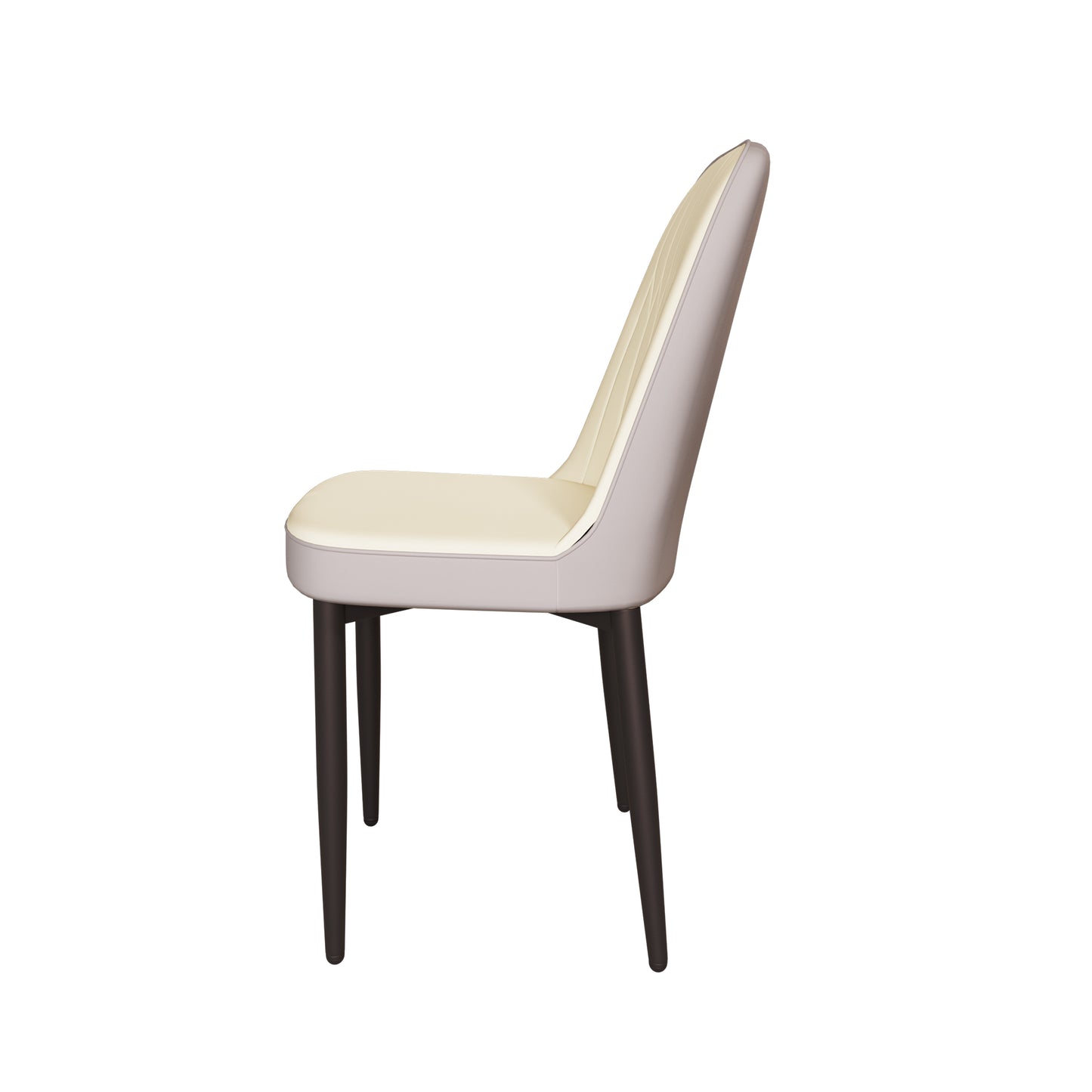 Modern dining chair with cream upholstered seat and back on dark wood legs