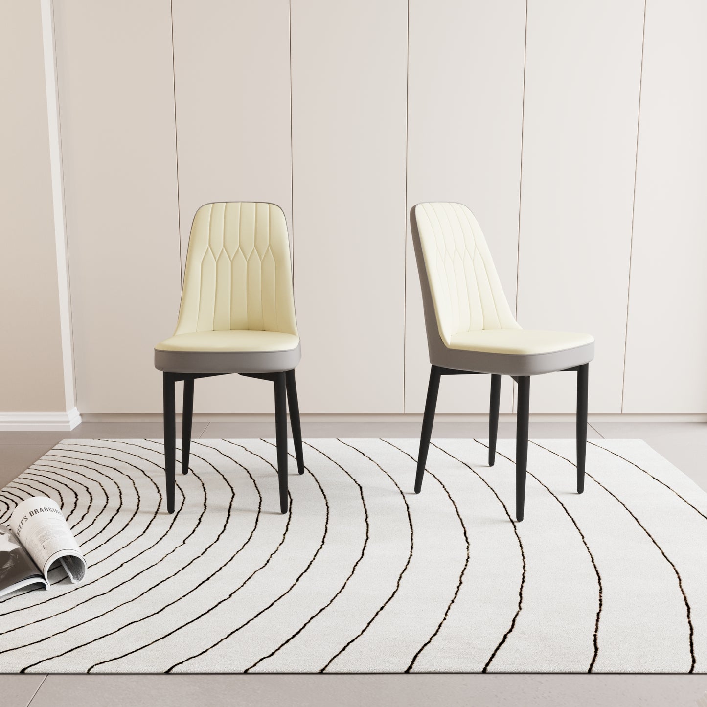 Elegant cream dining chair with channel tufting and grey upholstered seat metal legs
