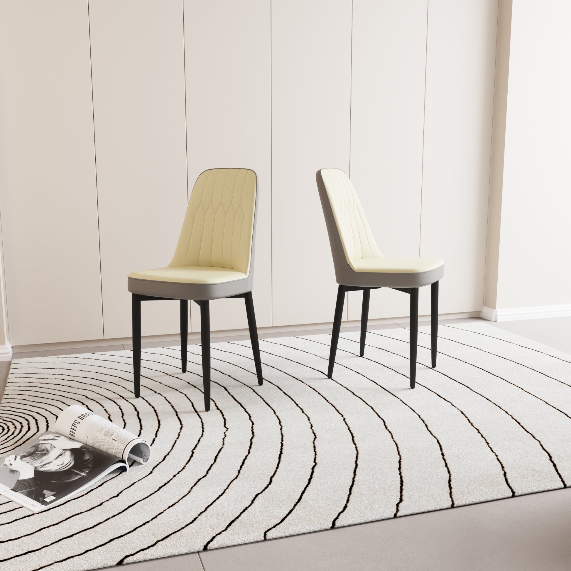 Modern upholstered dining chair with cream seat and grey trim