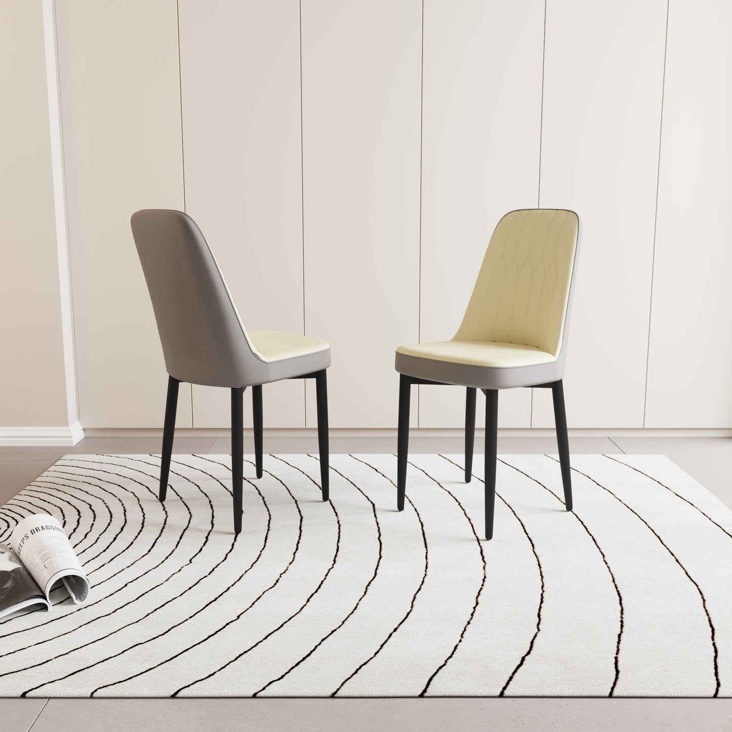 Modern dining chairs with grey and cream upholstered seats and black metal legs