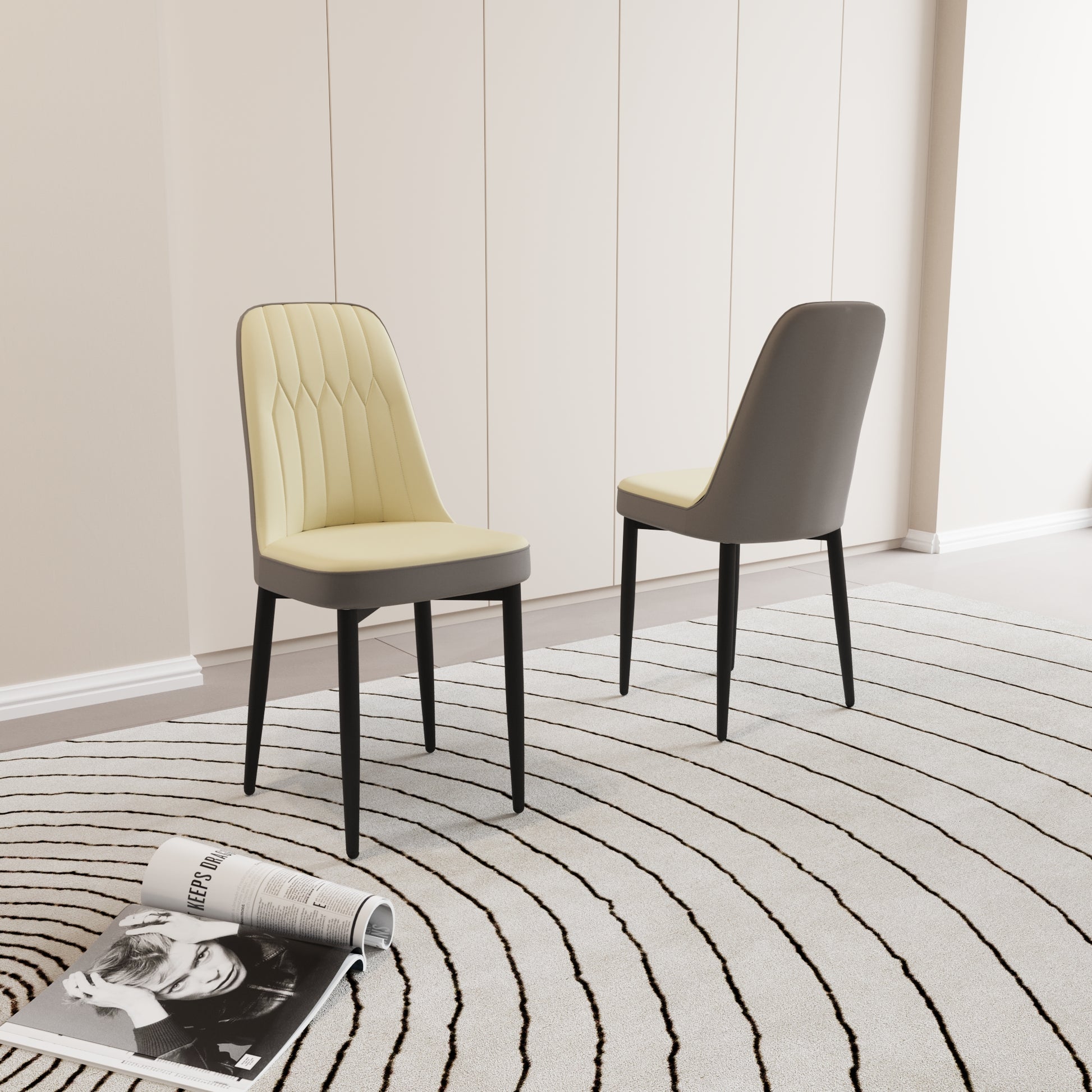 Cream upholstered dining chair with grey trim and black legs modern style