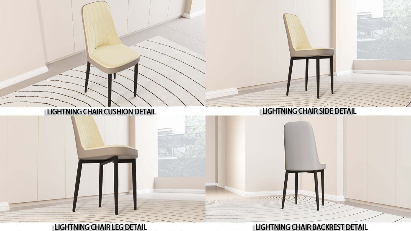 Beige upholstered modern dining chair with dark wood legs