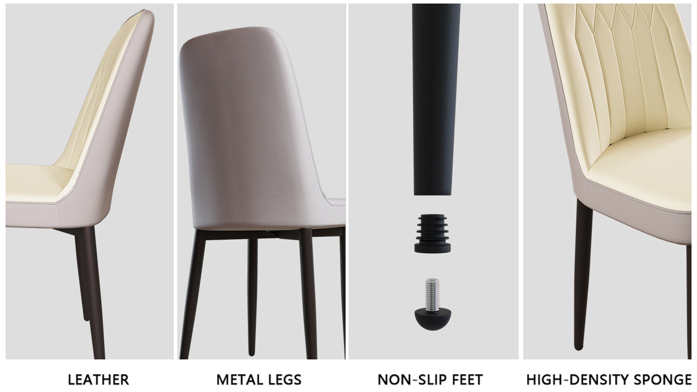 Modern dining chair with cream leather seat and beige upholstery