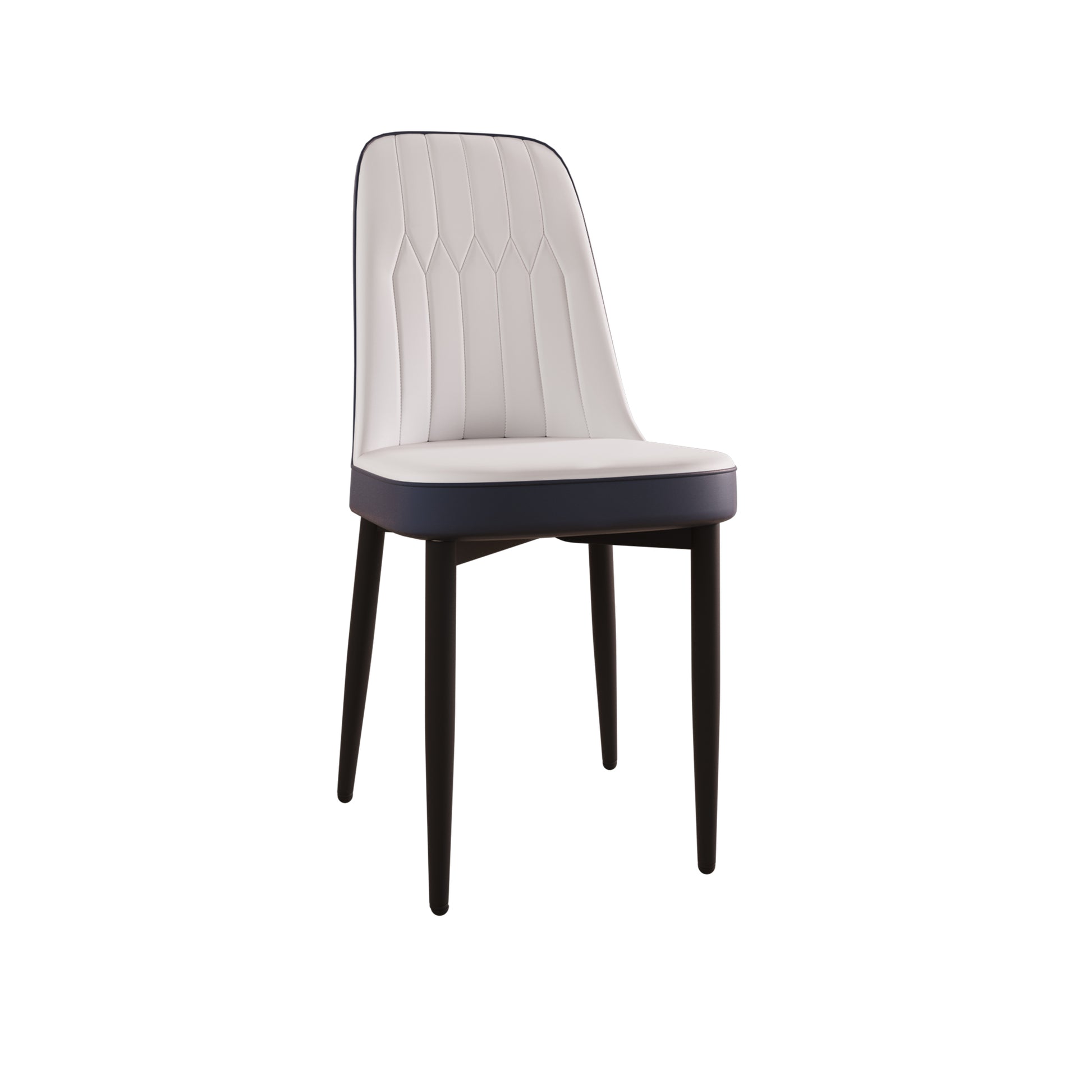 White upholstered dining chair with diamond stitching and navy accent trim