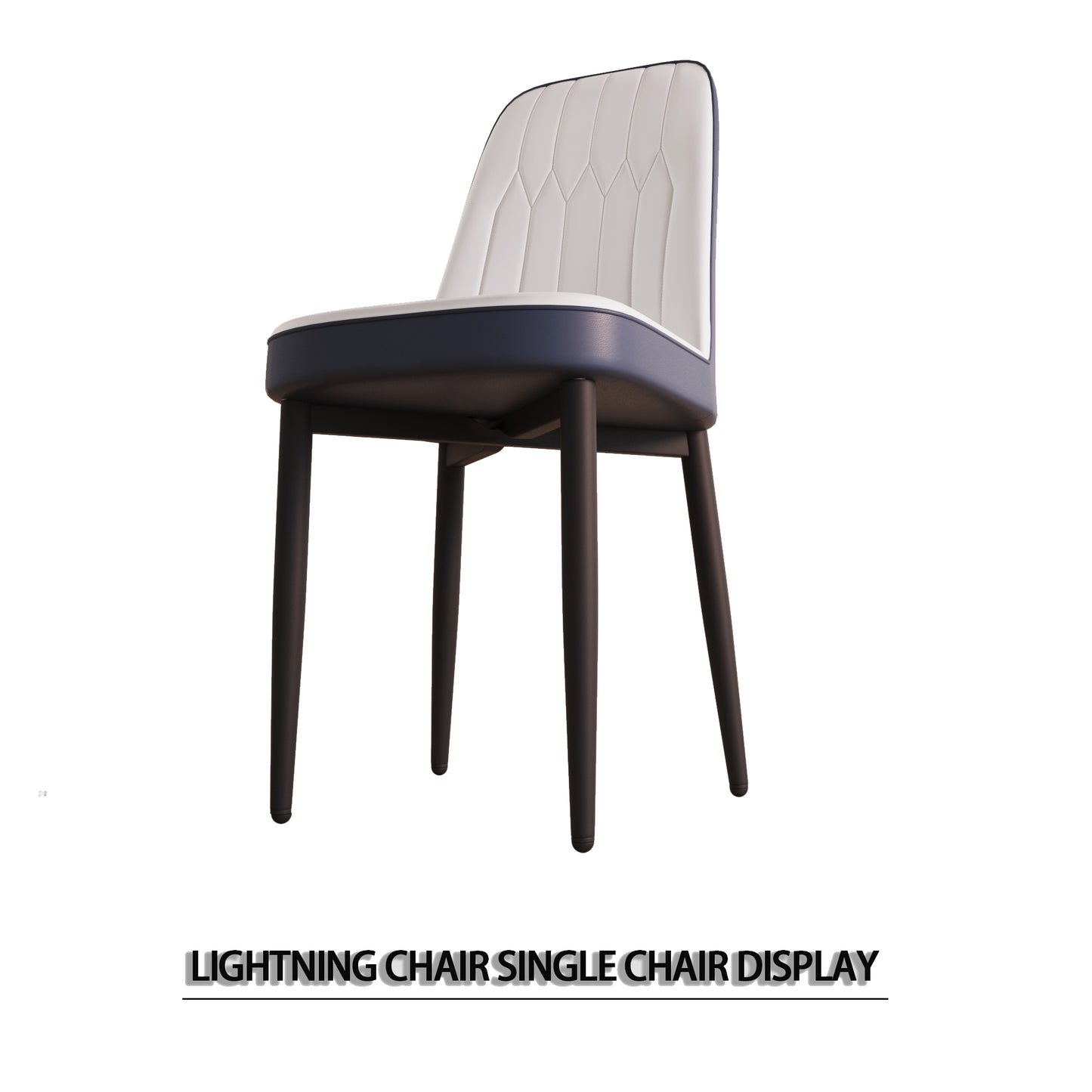 Modern white and navy upholstered dining chair with quilted back and dark legs