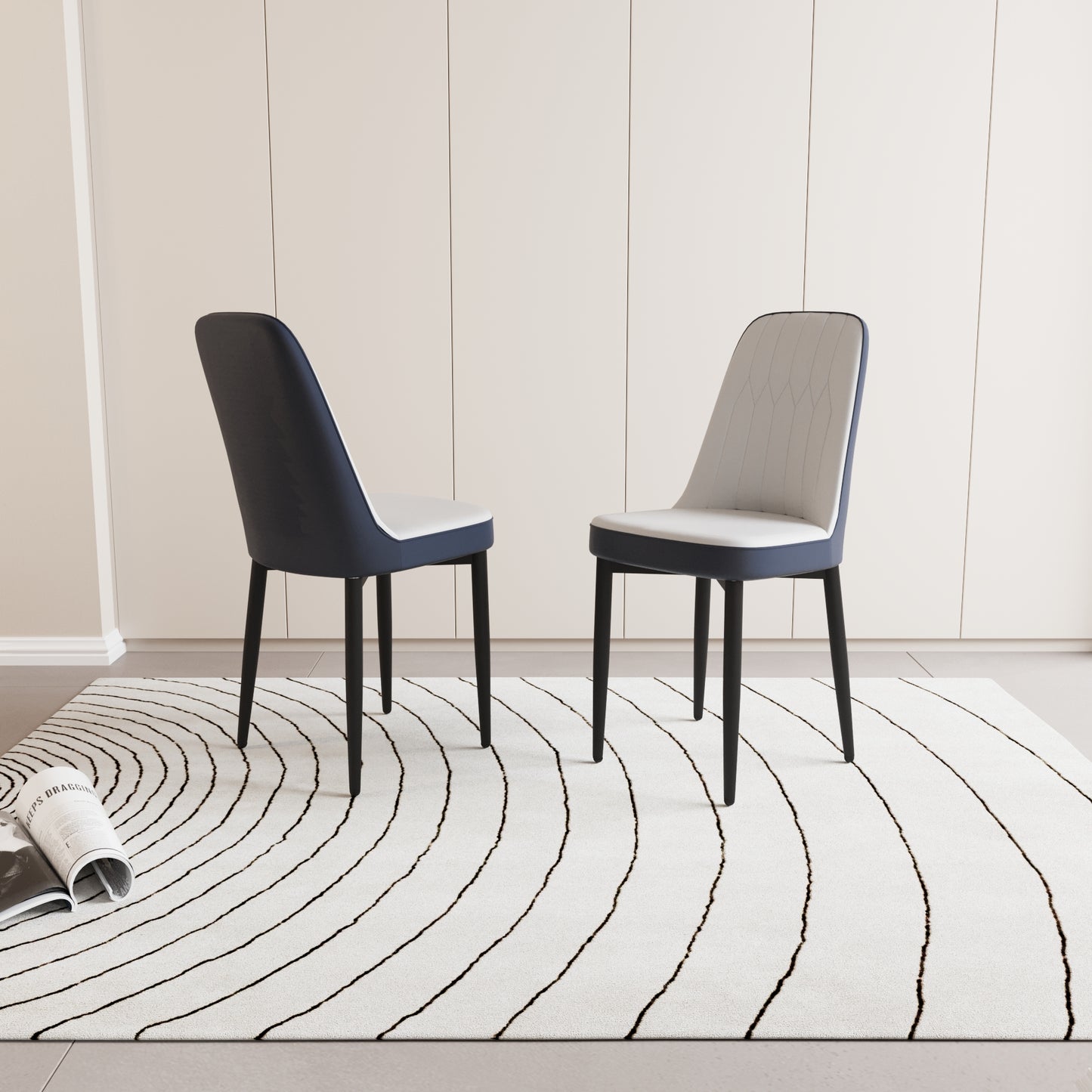 Navy blue and light grey modern dining chair with diamond stitch pattern on seat