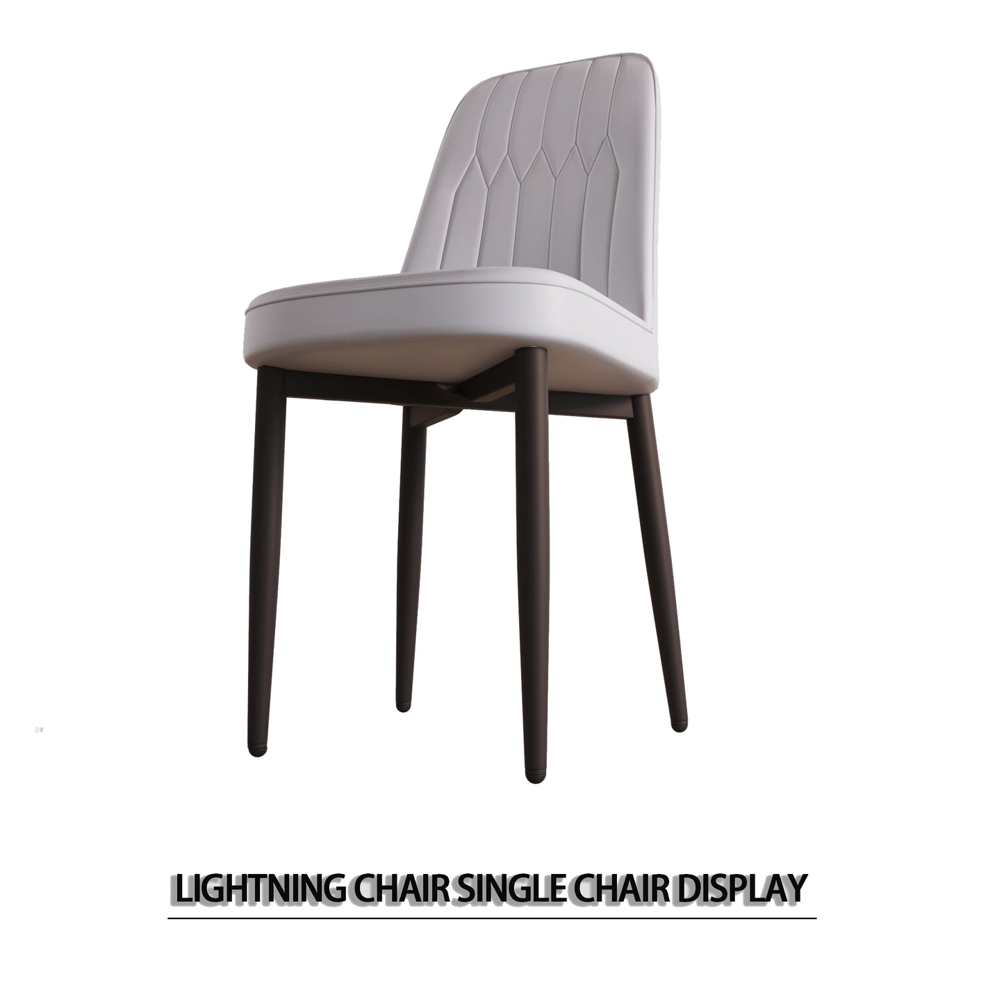 Contemporary light grey upholstered dining chair with a subtle diamond pattern back and dark wood legs
