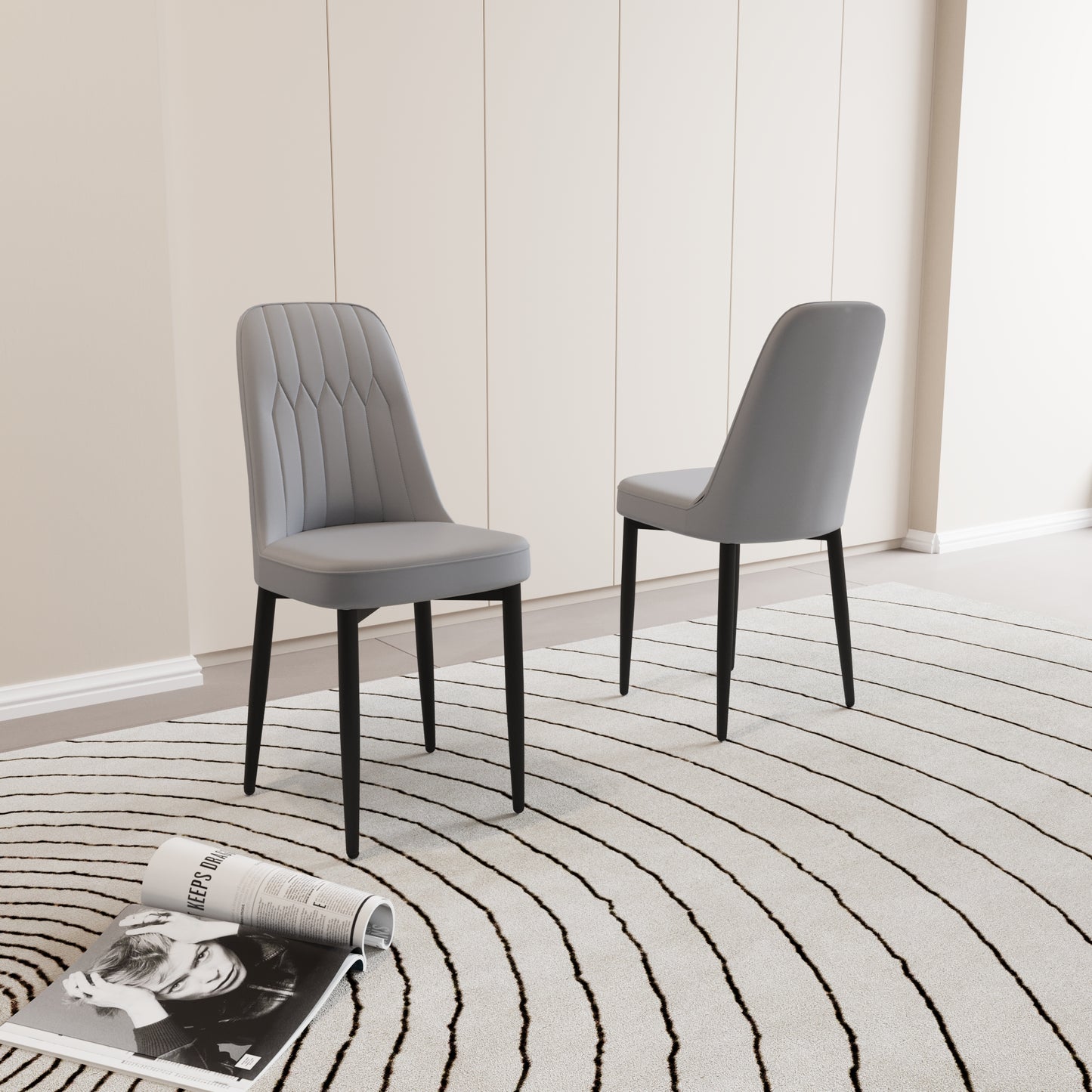 Modern grey upholstered dining chair with diamond tufting and black legs