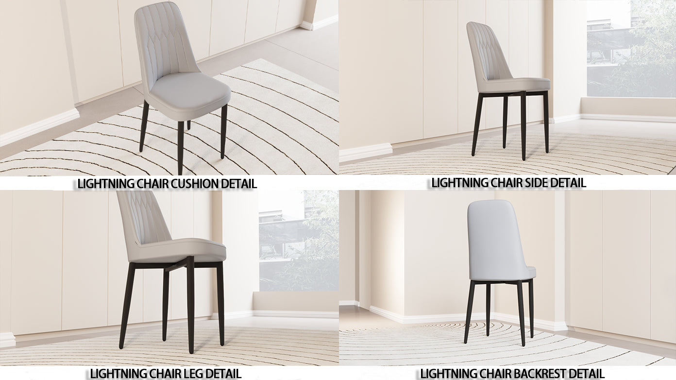 Light gray upholstered dining chair with tufted backrest and black metal legs