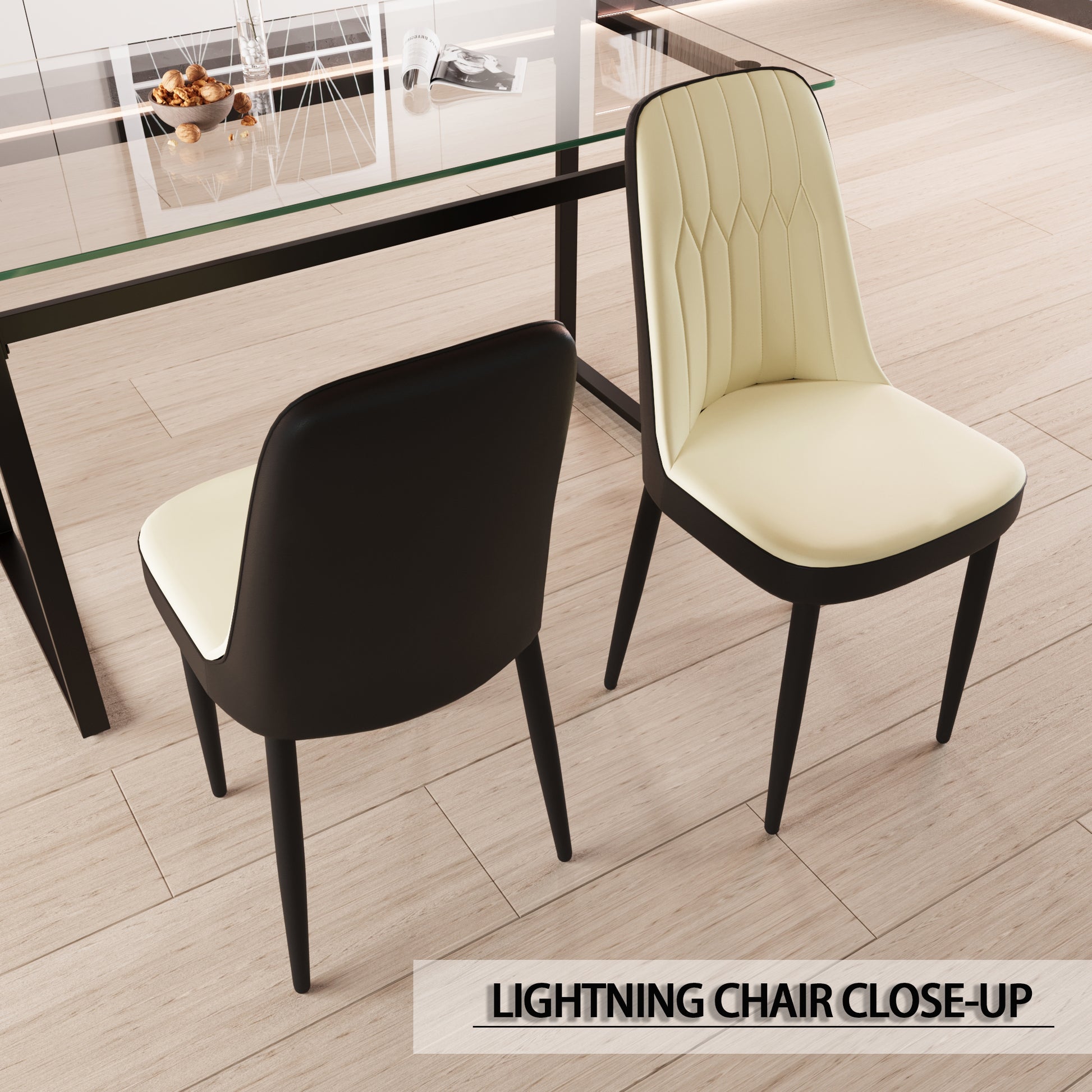 Modern dining chairs with black upholstery and cream cushioned seats set of two