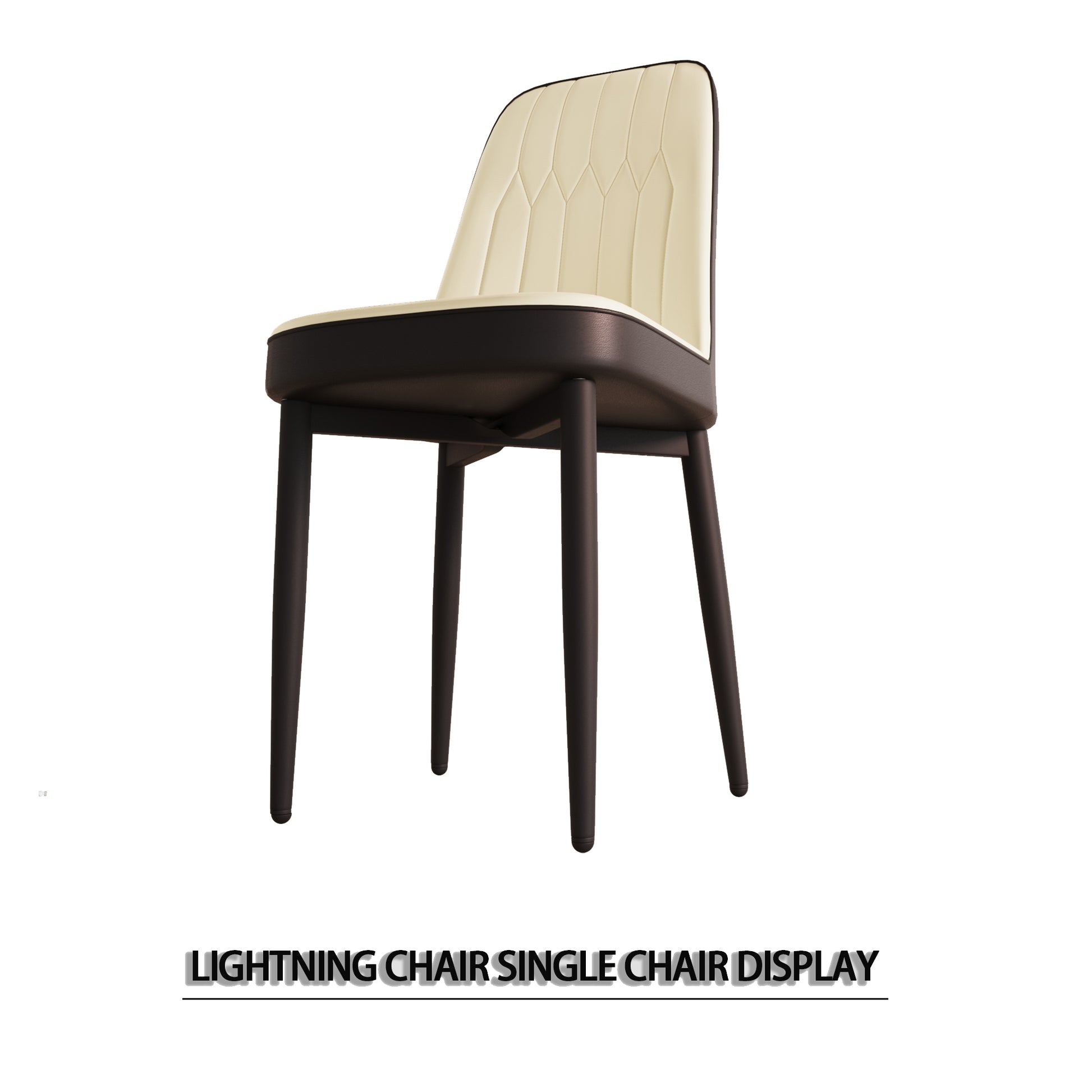 Modern ivory upholstered dining chair with dark wood legs and diamond pattern back