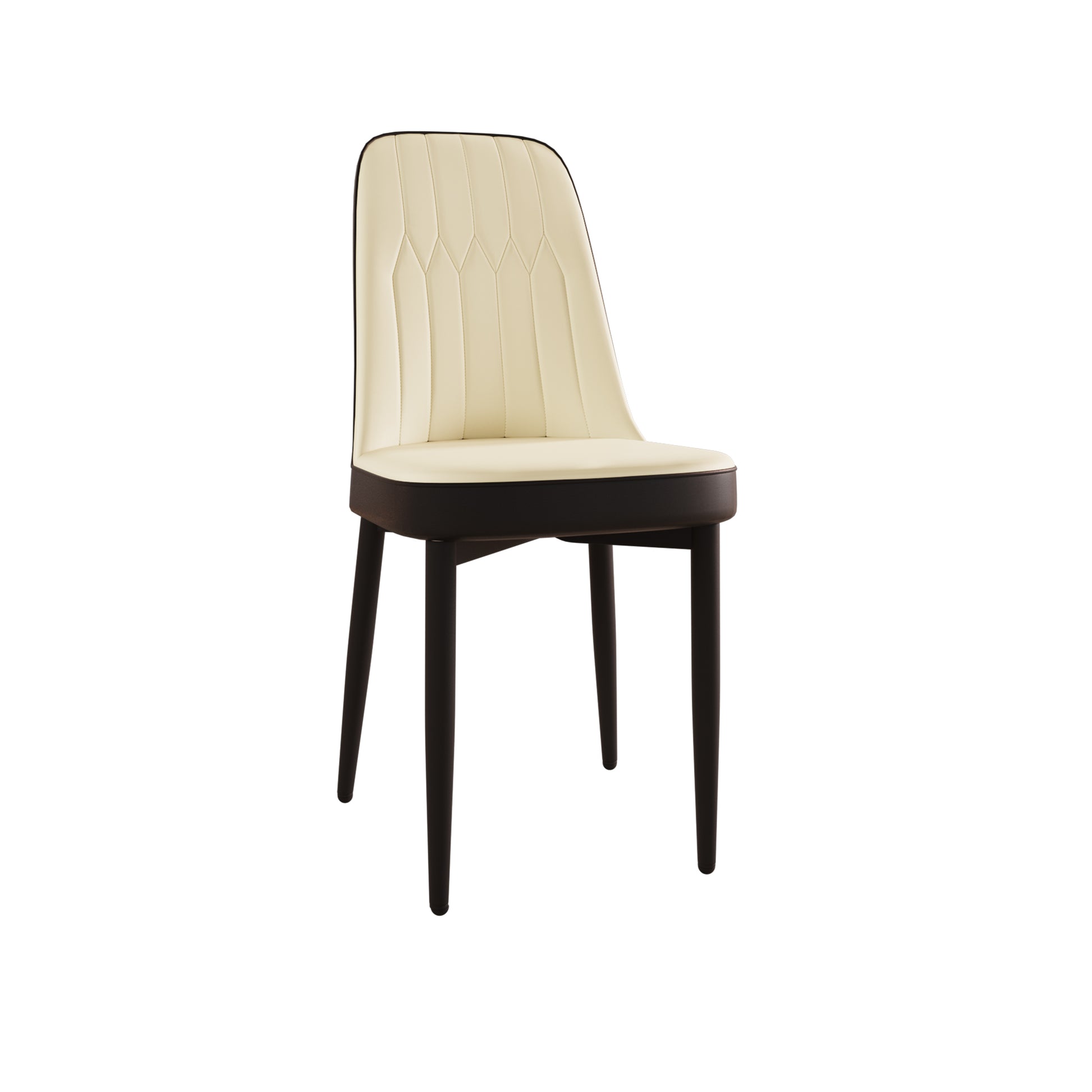 Cream upholstered dining chair with stitched diamond pattern and dark wood legs