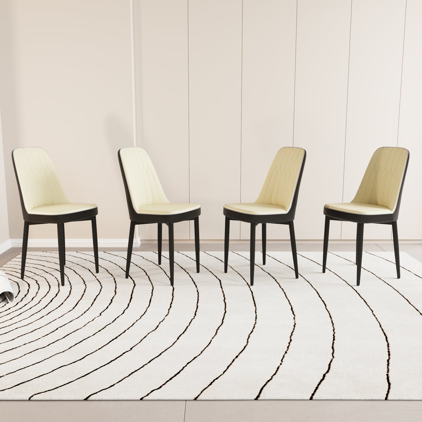 Four cream upholstered dining chairs with dark wood legs on a rug