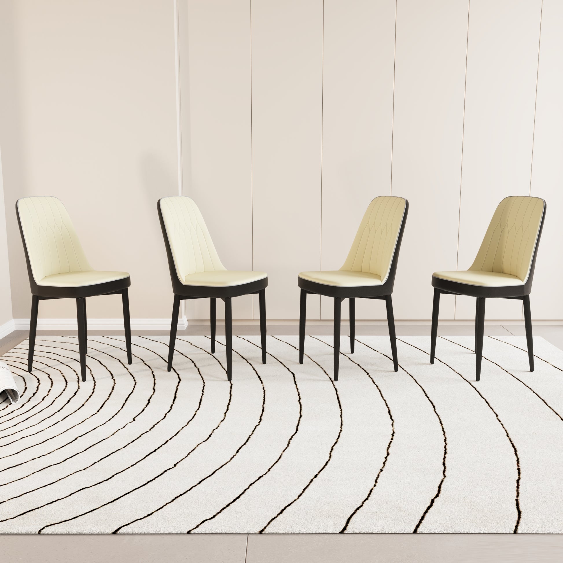 Four cream upholstered dining chairs with dark wood legs on a rug