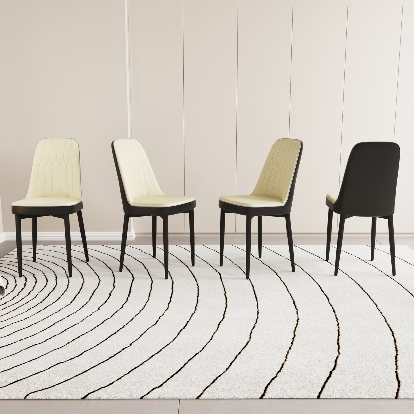 Four beige upholstered dining chairs with black legs and subtle diamond stitching