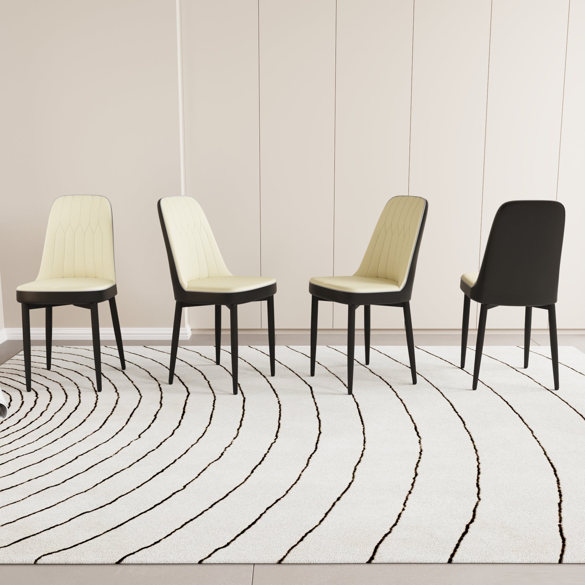 Four beige upholstered dining chairs with black legs and subtle diamond stitching