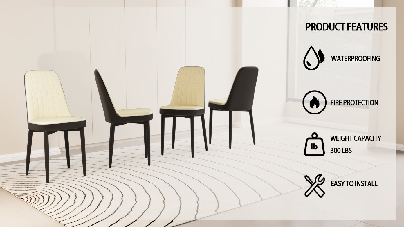 Set of  modern dining chairs with beige upholstered seats and black faux leather backs
