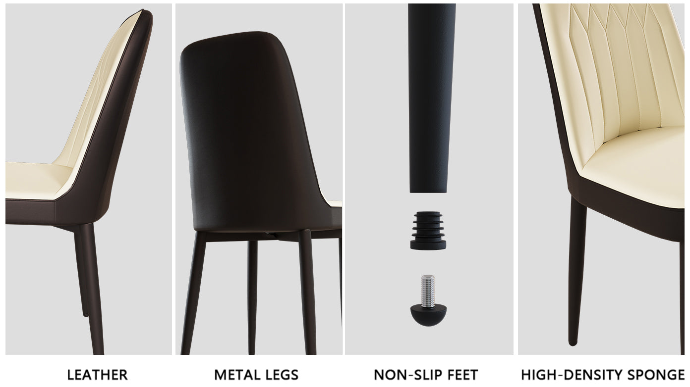 Modern dining chair with cream leather upholstery and dark brown trim