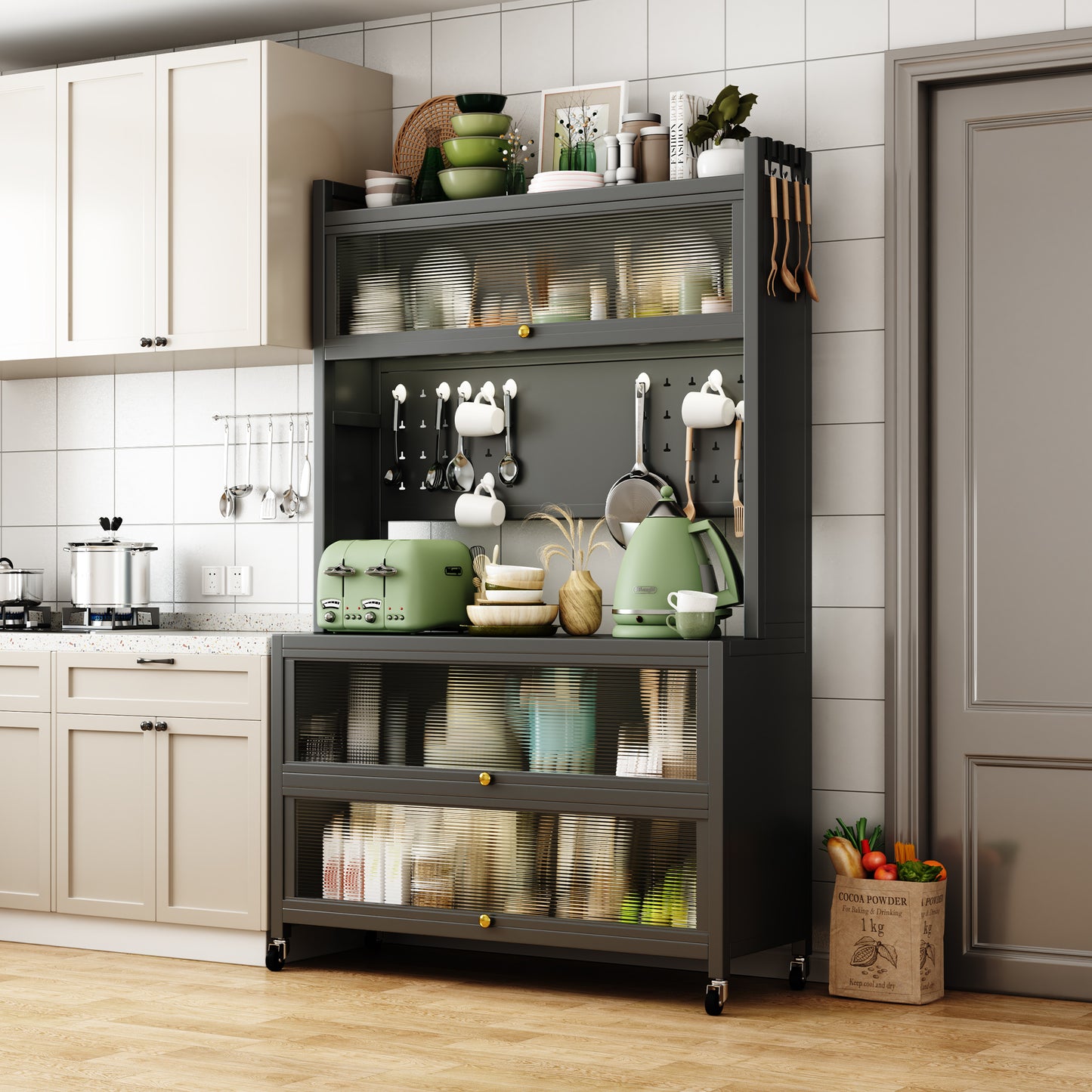 Modern kitchen storage rack with ribbed glass doors displaying dishes