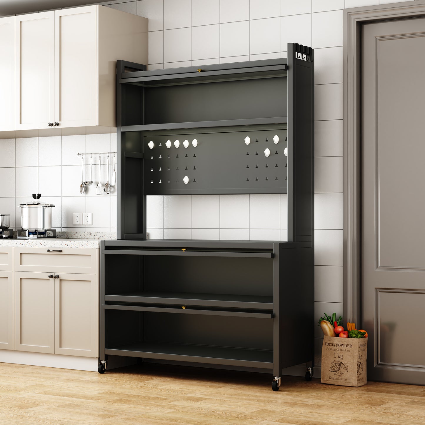 Commercial kitchen rack with  shelves dark gray metal on wheels for easy movement and storage