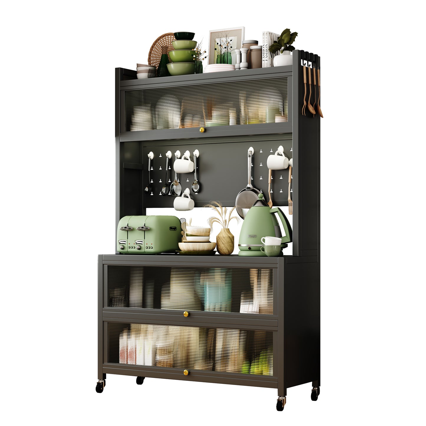 Dark grey metal kitchen bakers rack with fluted glass doors and gold knobs