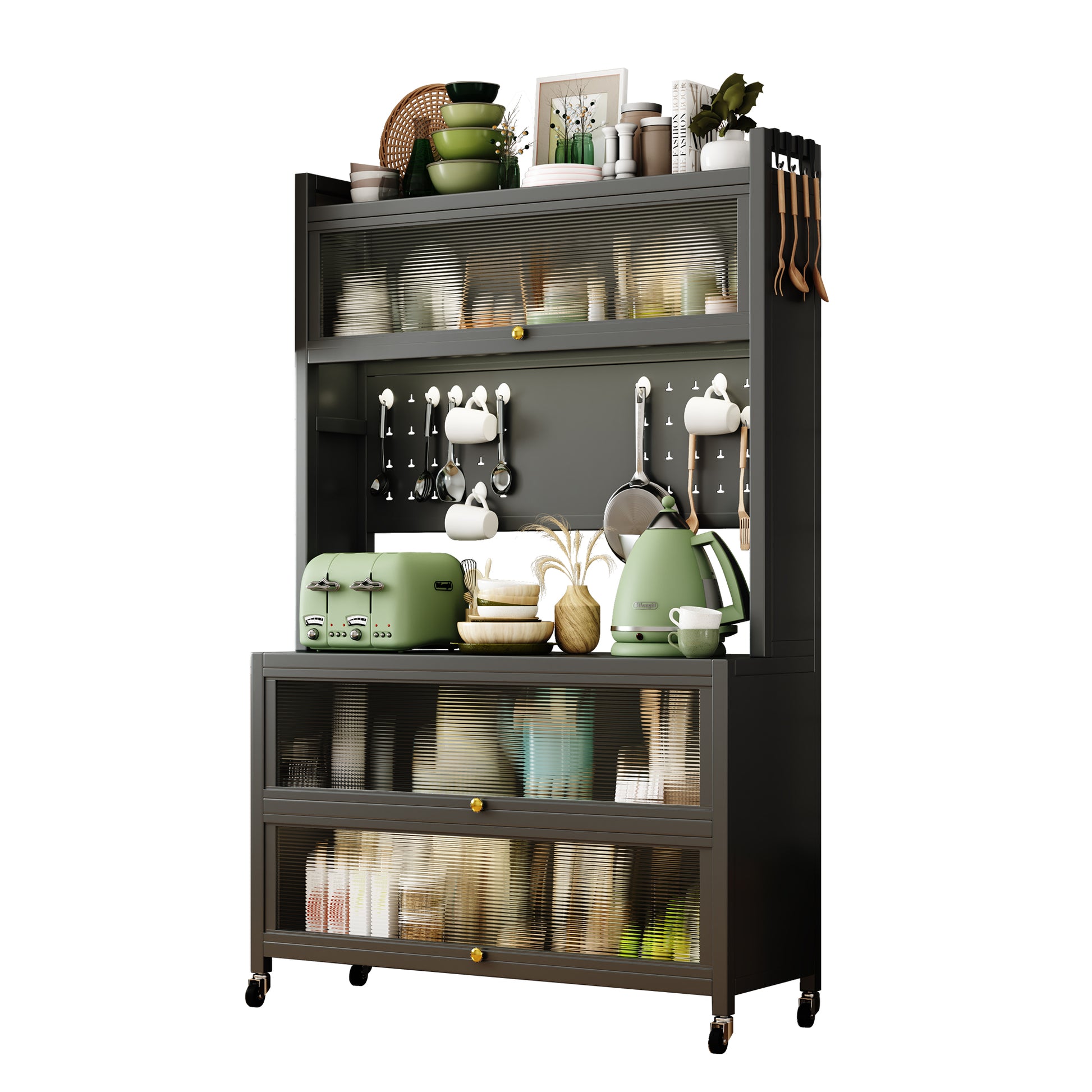 Dark grey metal kitchen bakers rack with fluted glass doors and gold knobs