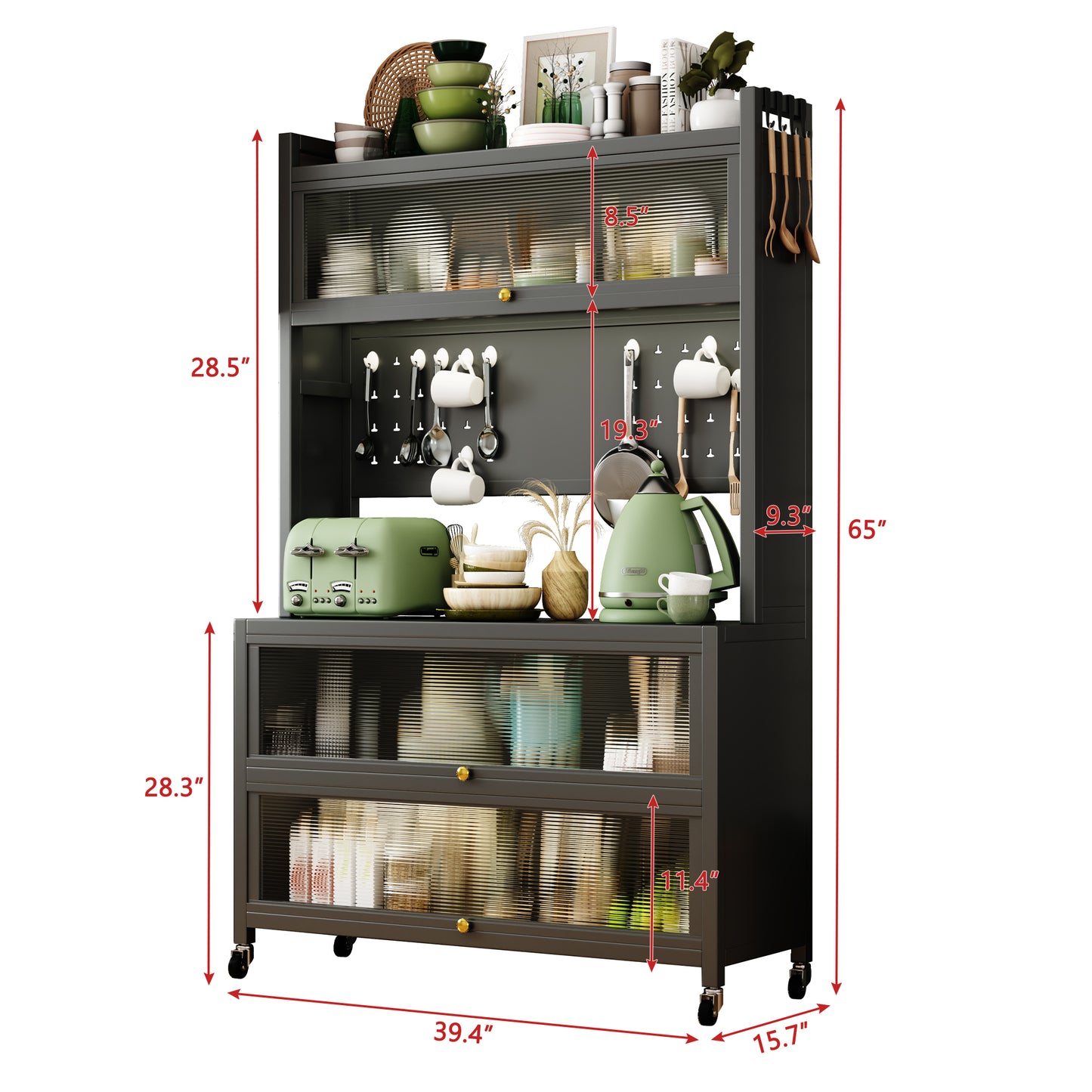 Modern kitchen bakers rack with glass doors and storage shelves