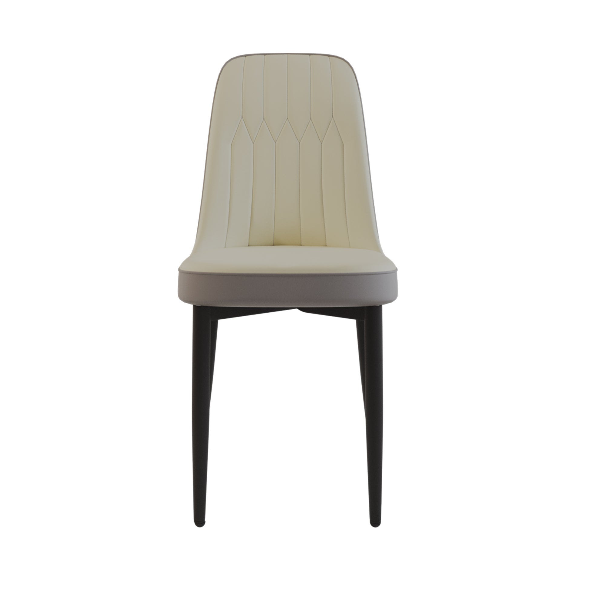 Cream upholstered dining chair with diamond stitching and dark wood legs
