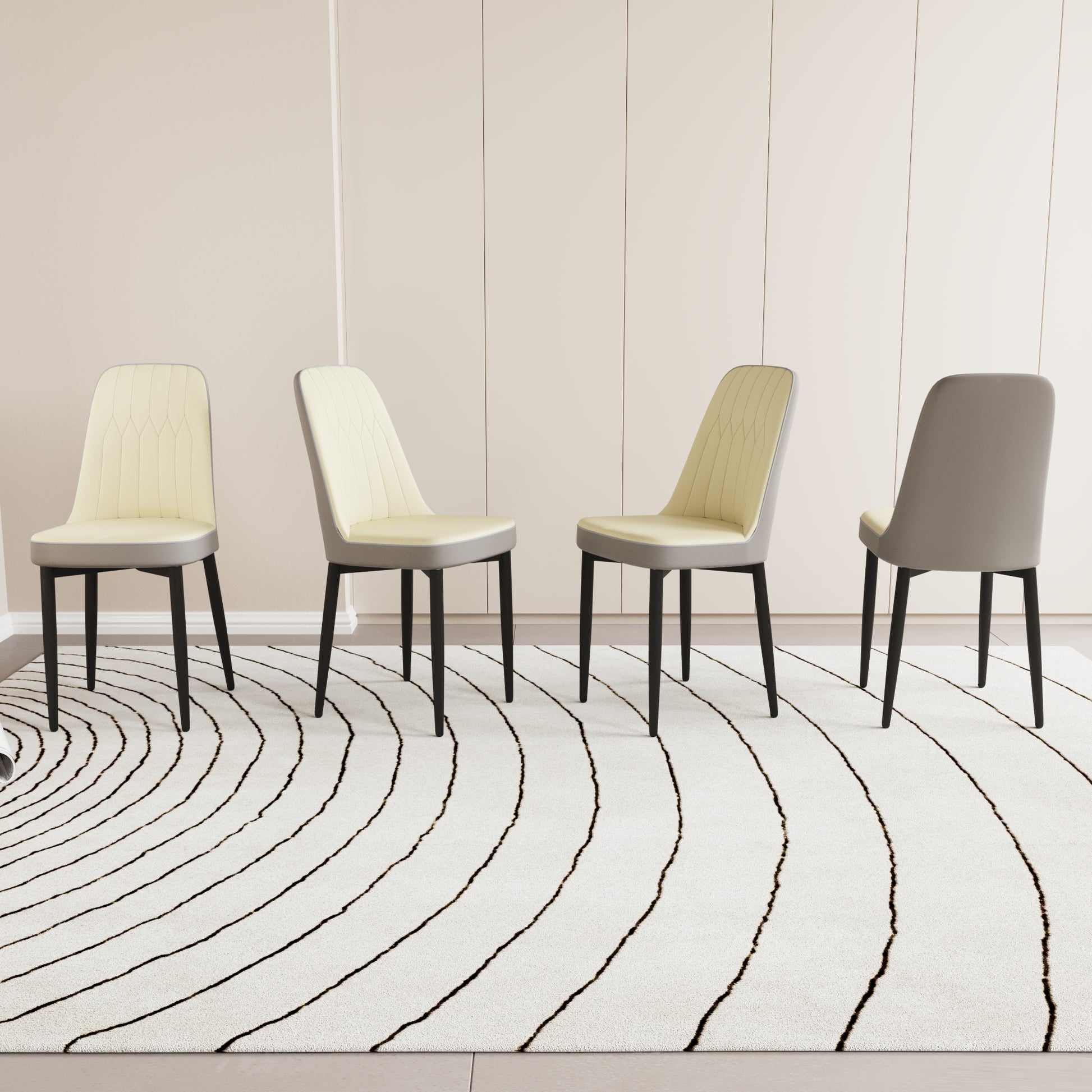 Four modern dining chairs with cream upholstered seats and grey backs on a rug