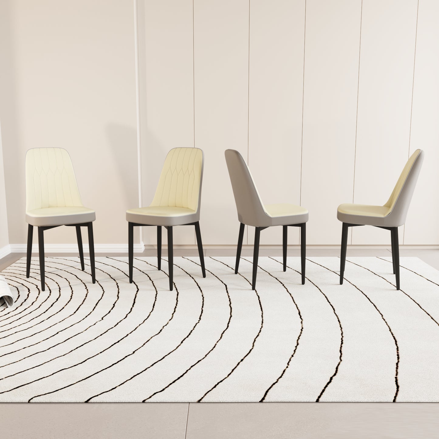Four beige upholstered dining chairs with gray trim and dark legs on a rug