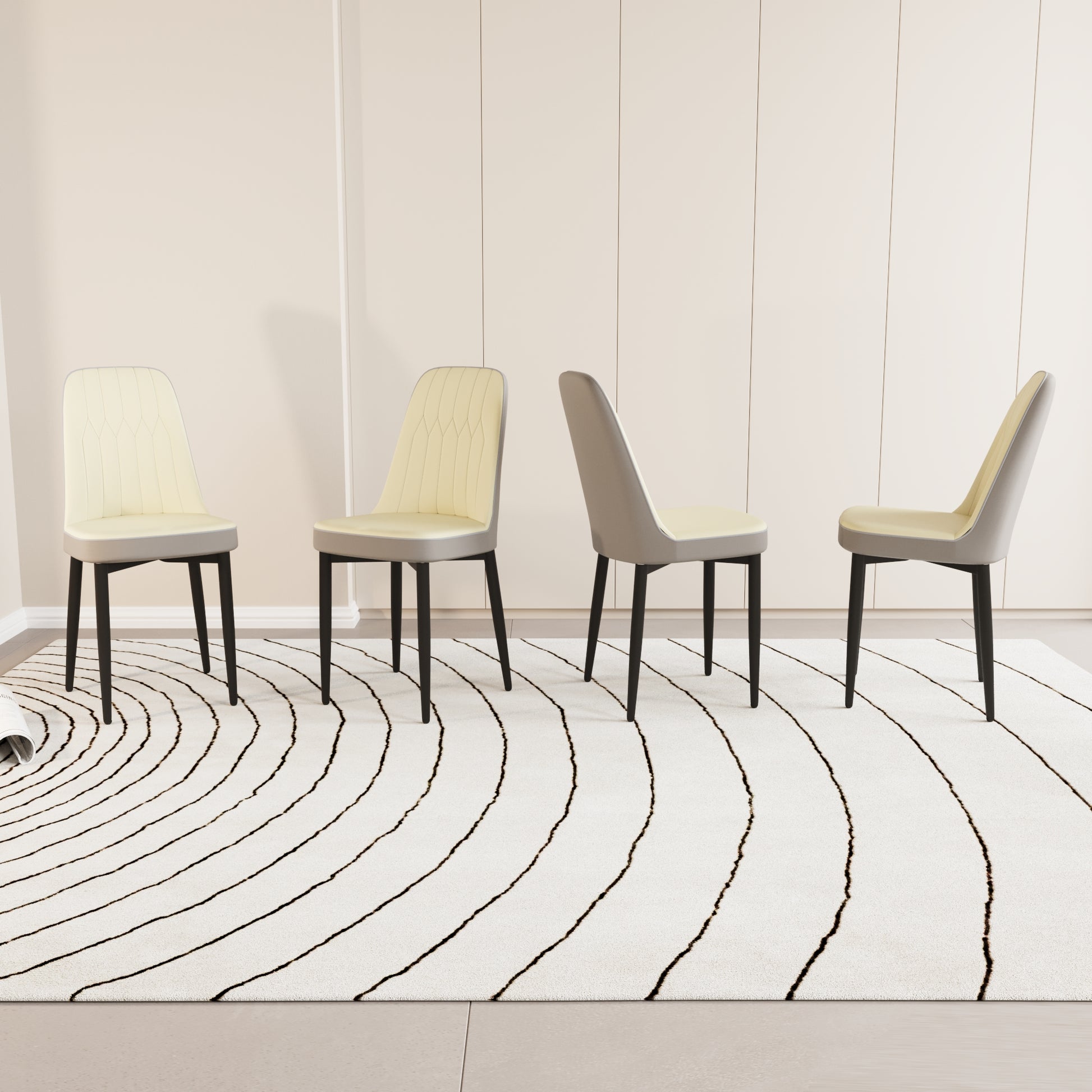 Four beige upholstered dining chairs with gray trim and dark legs on a rug