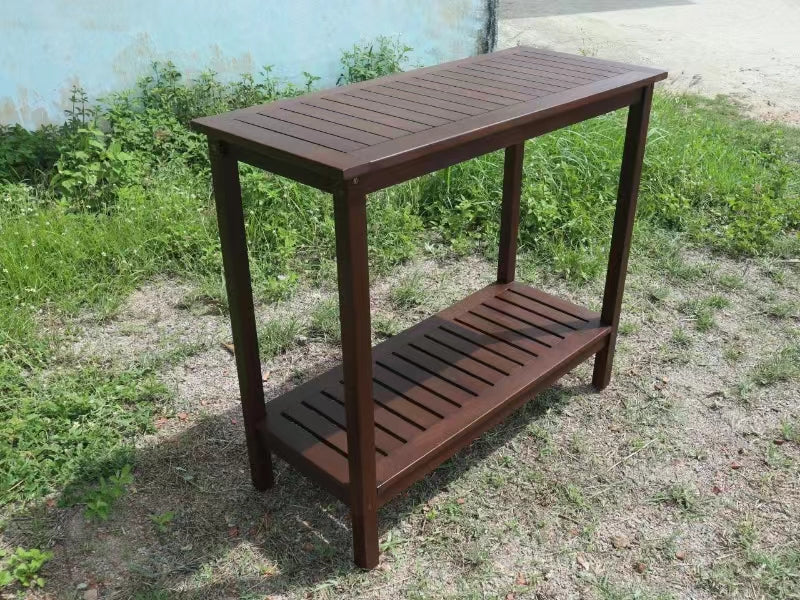 Dark brown wooden garden console table with slatted shelves perfect for outdoor decor