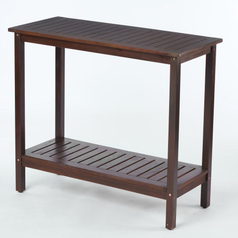 Dark wood console table with slatted top and shelf