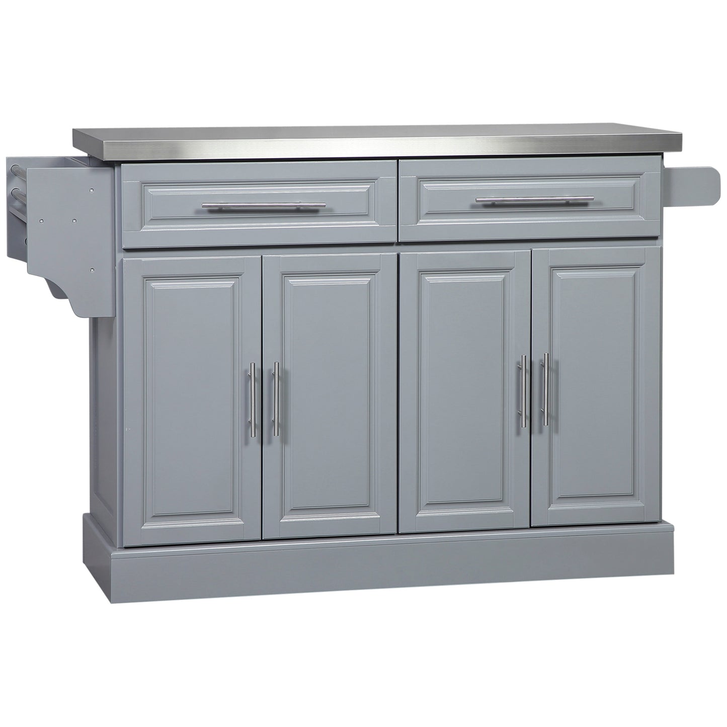 Gray kitchen island with stainless steel top and two drawers