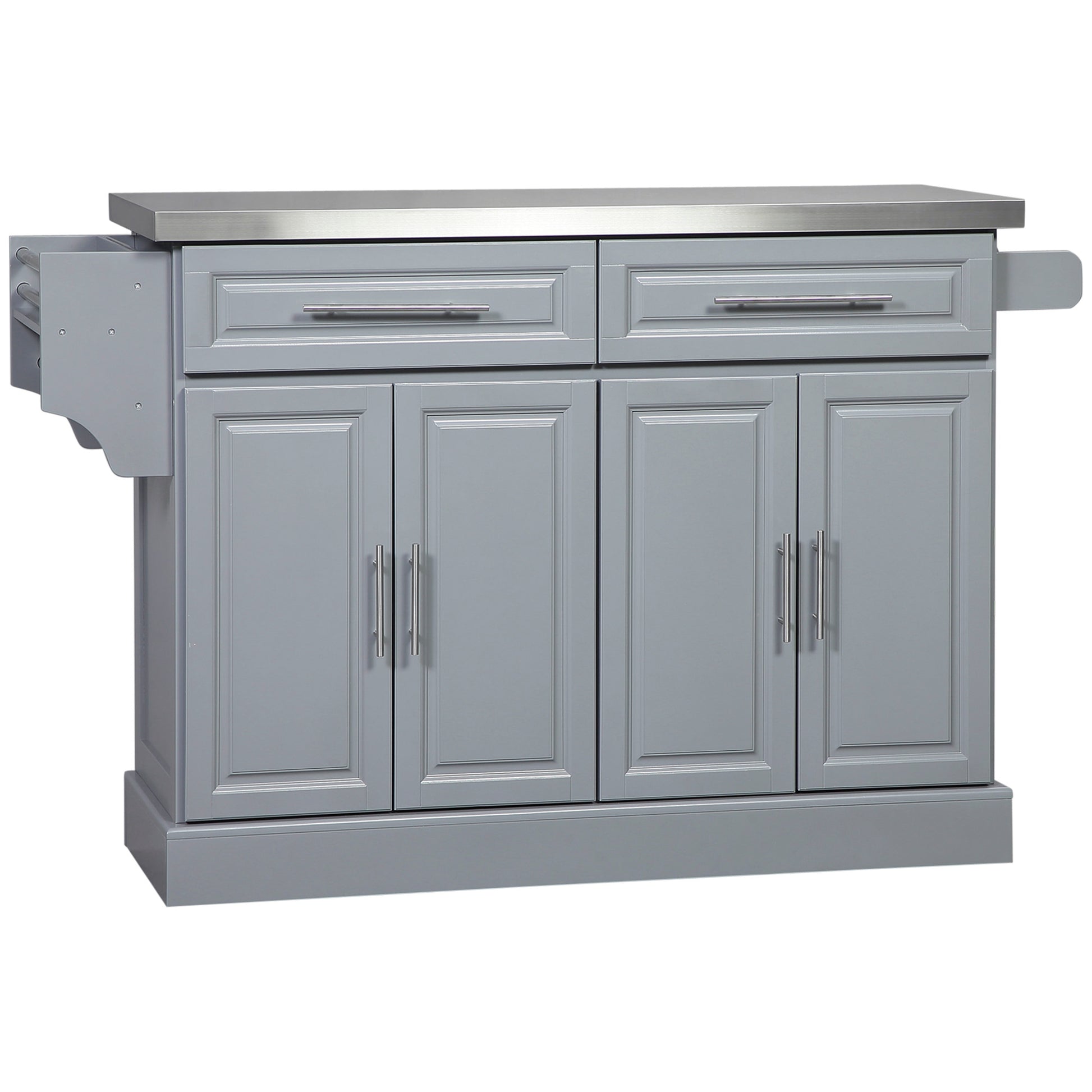 Gray kitchen island with stainless steel top and two drawers