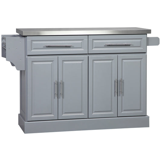Gray kitchen island with stainless steel top and two drawers