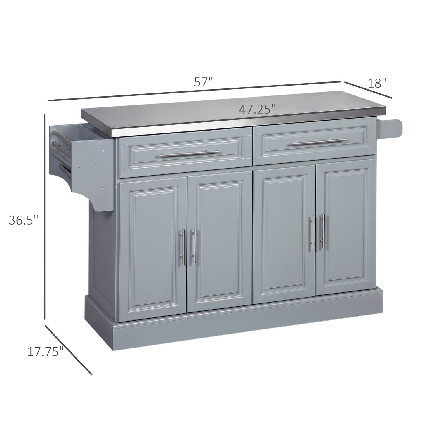 Grey kitchen island with stainless steel top and two drawers