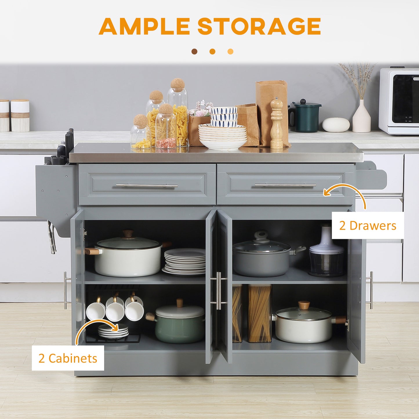 Grey kitchen island with ample storage featuring stainless steel top two drawers and two cabinets