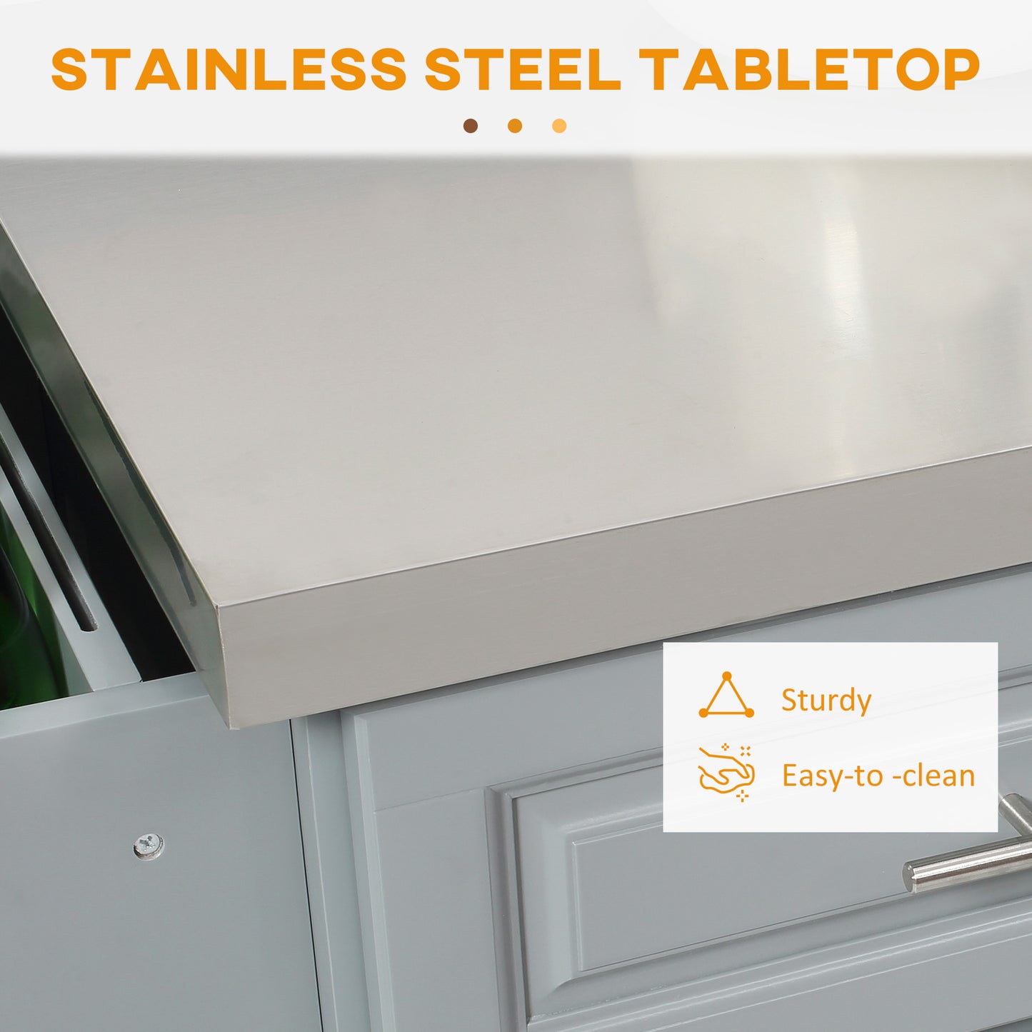 Brushed stainless steel tabletop with gray cabinet base
