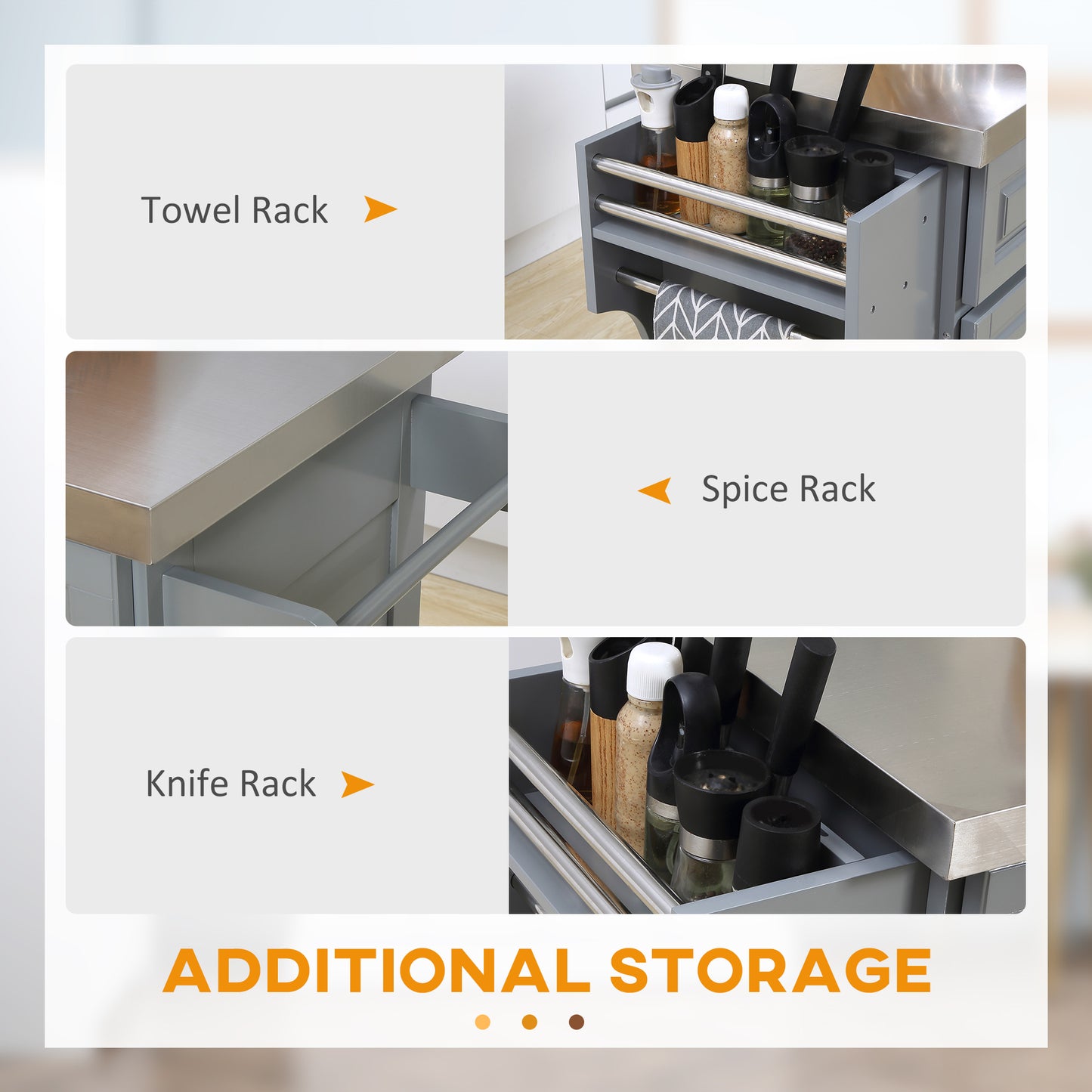 Grey kitchen cart towel rack with stainless steel bars holding a patterned cloth