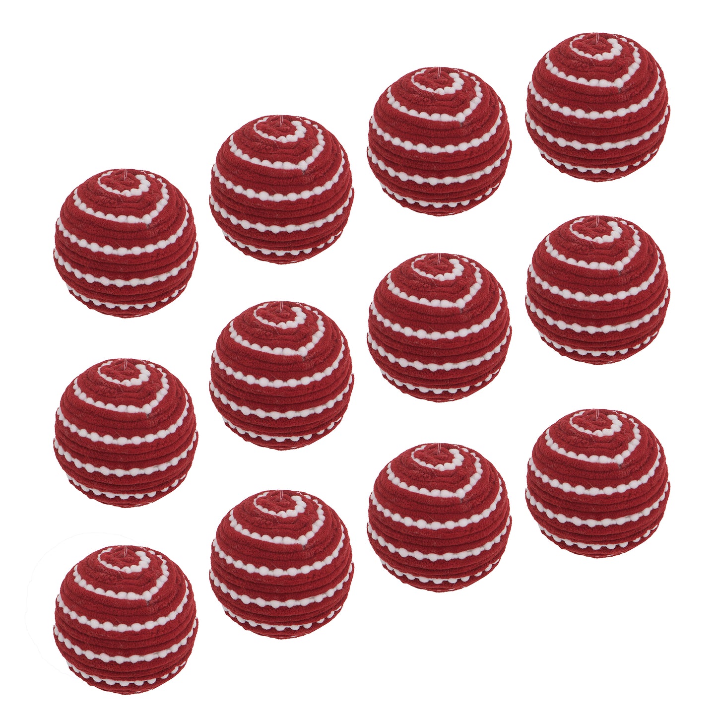 Set of  red yarn balls with white striped patterns perfect for festive decor