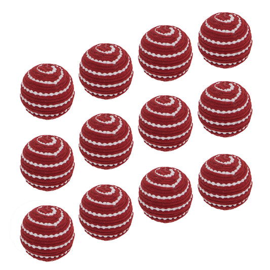 Set of  red yarn balls with white striped patterns perfect for festive decor