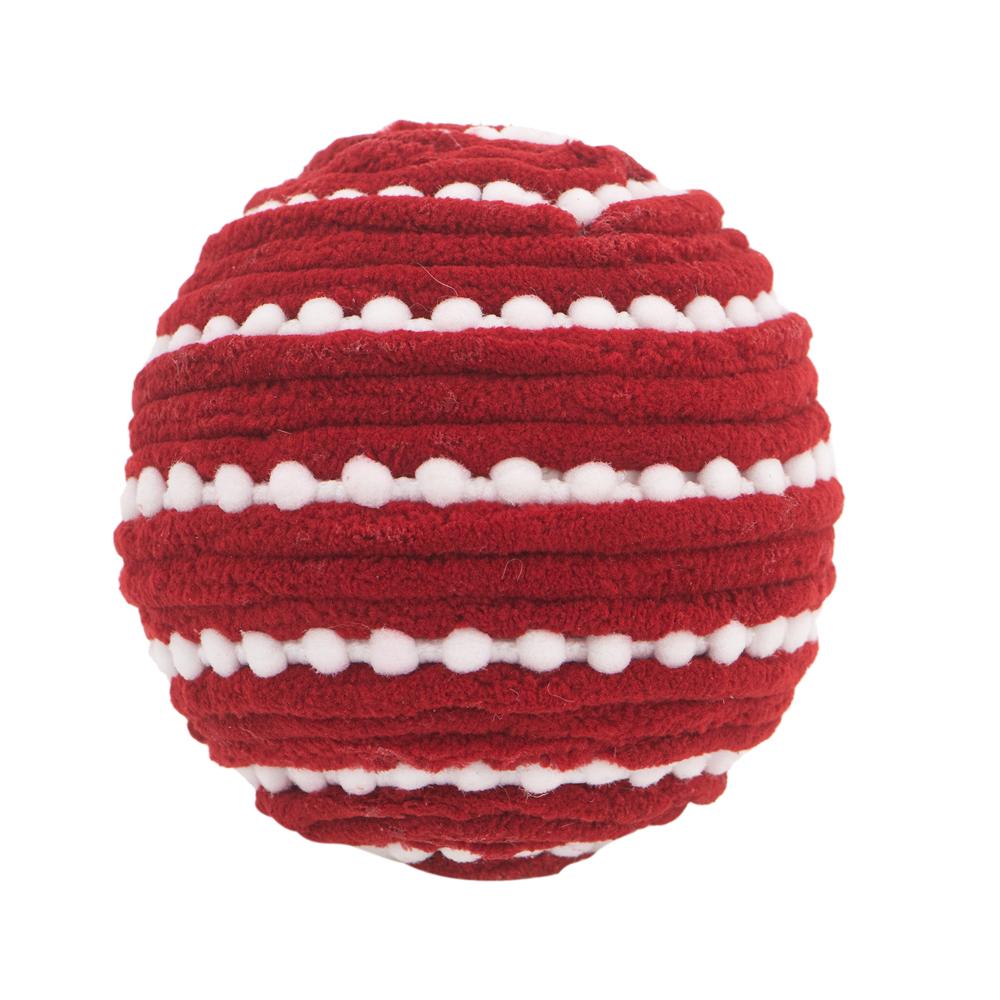 Red and white striped knit ball with pom pom trim ideal for pet toys or holiday decor