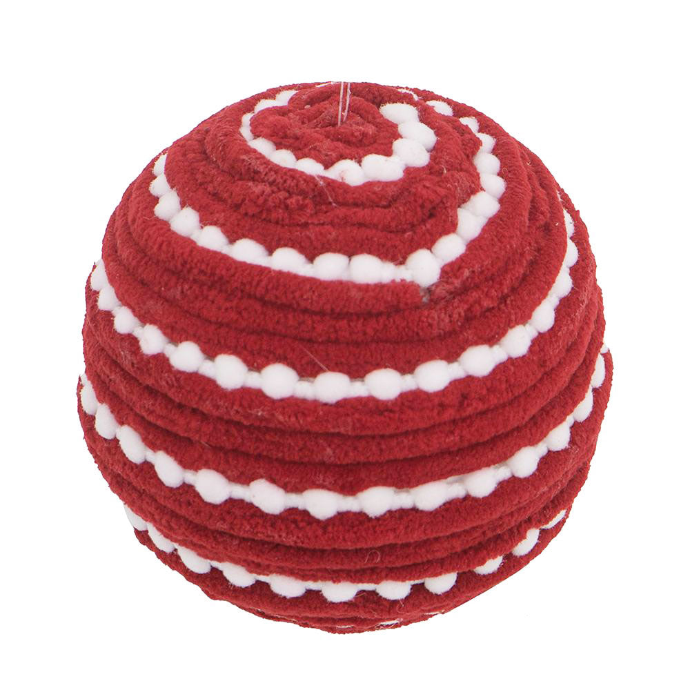 Plush red and white striped yarn ball ornament with pompom trim