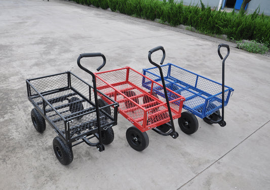 Black metal garden wagon with large wheels and mesh sides for hauling supplies