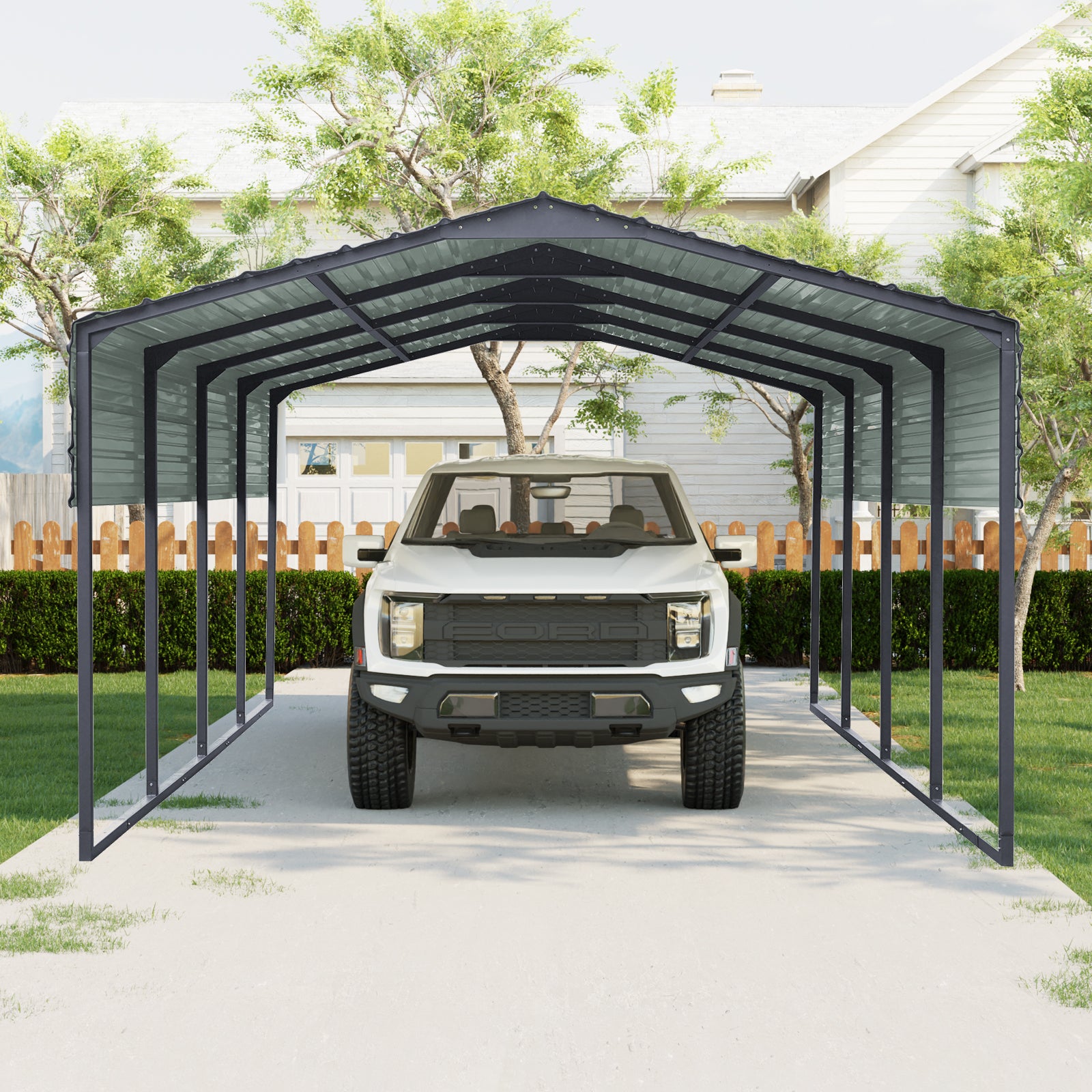 Durable metal carport with peaked roof sheltering a white pickup truck from the elements