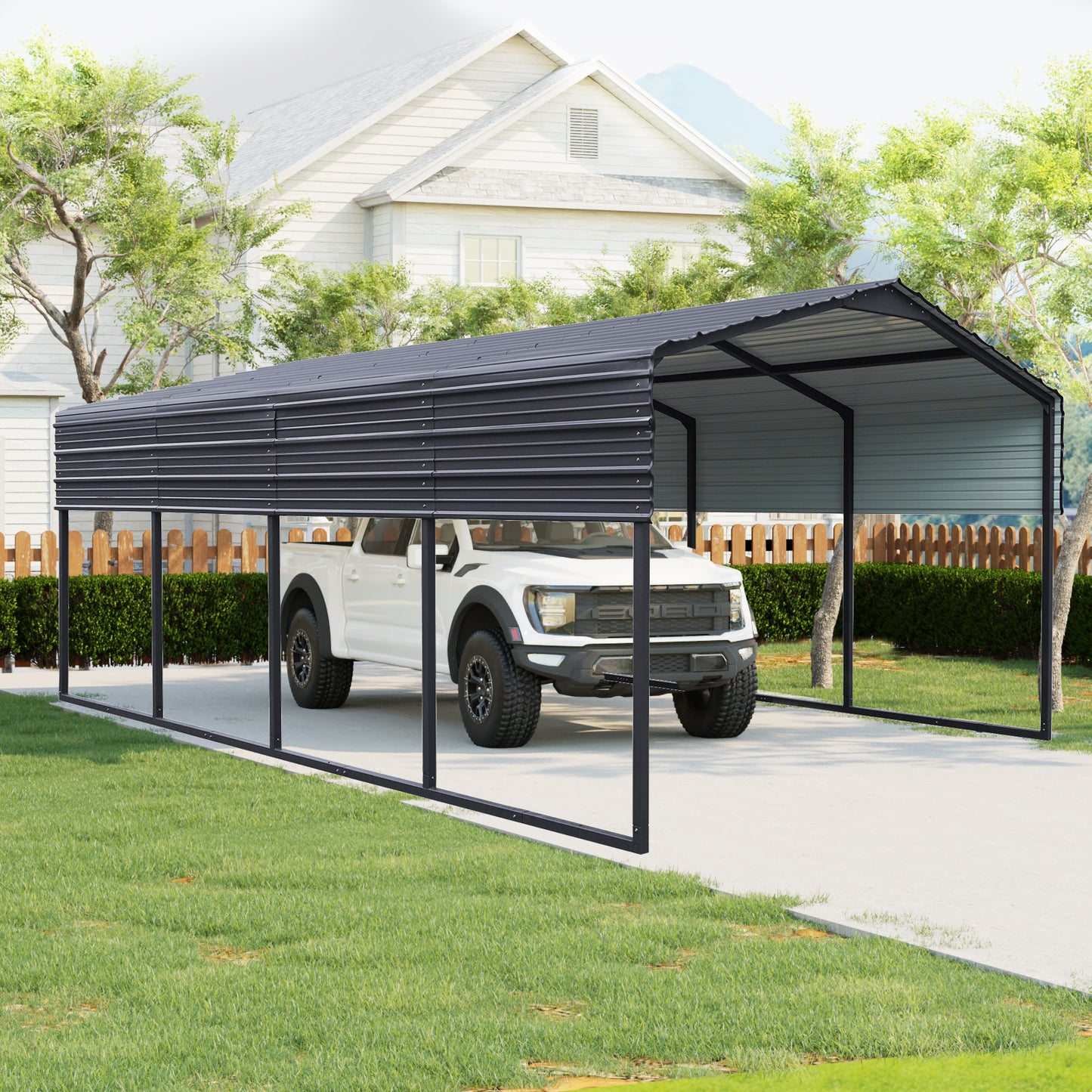 Dark gray metal carport with peaked roof protects a white truck from elements