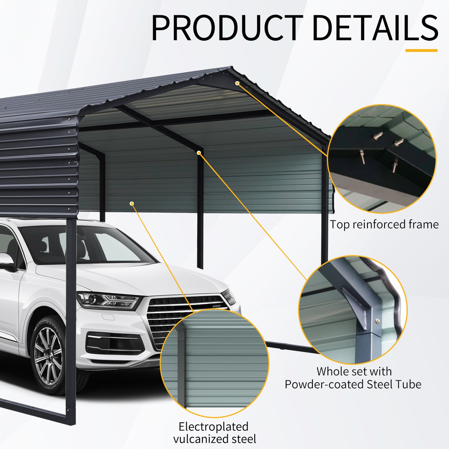 Dark gray metal carport with reinforced frame and powdercoated steel tubes